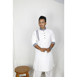 Men's Stylish Beautiful Panjabi White & Blue, Size: M, 2 image