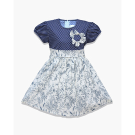 Navy Blue Dot and Off-White Flower Print Cotton Frock, Color: Navy Blue, Baby Dress Size: 9-12 months