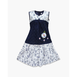 Navy Blue and White Multi Flower Print Cotton Skirt Tops For Baby Girls, Color: Navy Blue, Baby Dress Size: 9-12 months