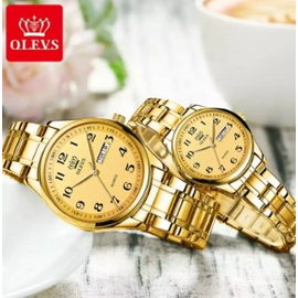 Couple OLEVS 5567 Fashion Stainless Steel Japan Quartz Analog Day Date Watch Full Gold, 2 image