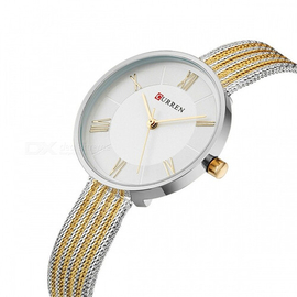 CURREN 9020 Silver And Golden Two-Tone Mesh Stainless Steel Analog Watch For Women - White & Golden, 2 image