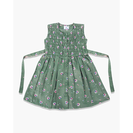Olive Color Flower Print Cotton Frock For Baby Girls, Color: Olive, Baby Dress Size: 6-7 years