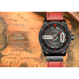 Curren 8301 - Red Leather Analog Watch for Men, 2 image