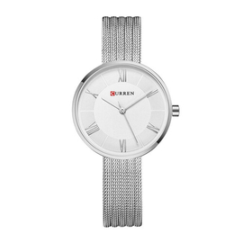 CURREN 9020 Silver Mesh Stainless Steel Analog Watch For Women - White & Silver, 3 image