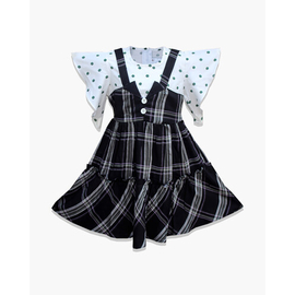 White Dot Print & Black Check Tunic Lilen Frock For Baby Girls, Color: Black, Baby Dress Size: 1-2 years