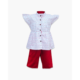 White Dot Print Cotton Tops and Red Pant For Baby Girls, Color: White, Baby Dress Size: 9-12 months