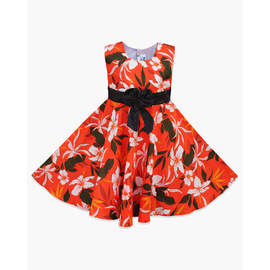 Orange and Multi Color Flower Print Cotton Frock For Baby Girls, Color: Orange, Baby Dress Size: 9-12 months