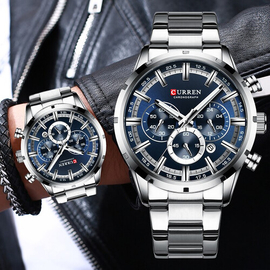CURREN 8355 Silver Stainless Steel Chronograph Watch For Men - Royal Blue & Silver, 3 image