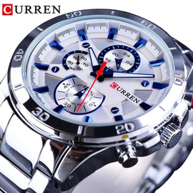 CURREN 8275 Silver Stainless Steel Chronograph Watch For Men - Blue & Silver, 2 image