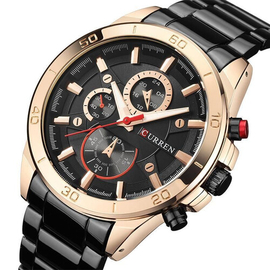 CURREN 8275 Black Stainless Steel Chronograph Watch For Men - Rose Gold & Black, 4 image