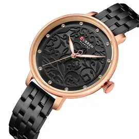CURREN 9046 Black Stainless Steel Analog Watch For Women - RoseGold & Black, 2 image