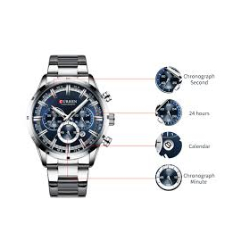 CURREN 8355 Silver Stainless Steel Chronograph Watch For Men - Royal Blue & Silver, 2 image