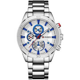 CURREN 8275 Silver Stainless Steel Chronograph Watch For Men - Blue & Silver, 4 image