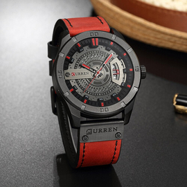 Curren 8301 - Red Leather Analog Watch for Men