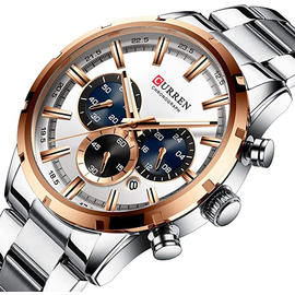 CURREN 8355 Silver Stainless Steel Chronograph Watch For Men - Rose Gold & Silver, 2 image