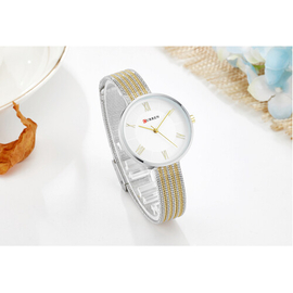 CURREN 9020 Silver And Golden Two-Tone Mesh Stainless Steel Analog Watch For Women - White & Golden