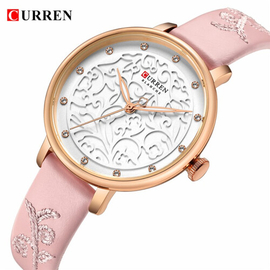 CURREN 9046 Pink PU Leather Analog Watch For Women - Rose Gold & Pink, 3 image
