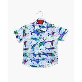 White Multi Color Shark Fish Print Cotton Shirt For Boys, Color: White, Baby Dress Size: 1-2 years