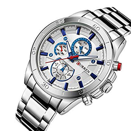 CURREN 8275 Silver Stainless Steel Chronograph Watch For Men - Blue & Silver, 3 image