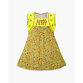 Yellow Flower Print Georgette Frock For Baby Girls, Color: Yellow, Baby Dress Size: 9-12 months