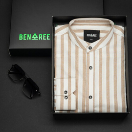 Fashionable Summer Shirt for men - White & Biscuit Color Stripe, 2 image