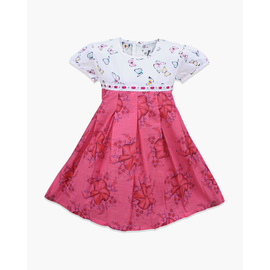 White and Magenta Flower & Butterfly Print Cotton Frock For Girls - HF-561, Color: White, Baby Dress Size: 8-9 years
