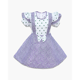 White Green Dot and Multi-Color Flower Print Cotton Frock For Baby Girls – HF-564, Color: White, Baby Dress Size: 9-12 months