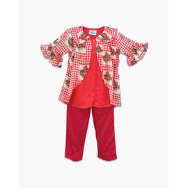 Red and Multi-Color Flower Print Georgette & Linen Pant Tops For Girls -DPT-024, Color: Red, Baby Dress Size: 1-2 years