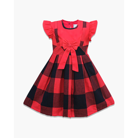 Red & Black Check Linen Frock for Girls – HF-563, Color: Red, Baby Dress Size: 9-12 months