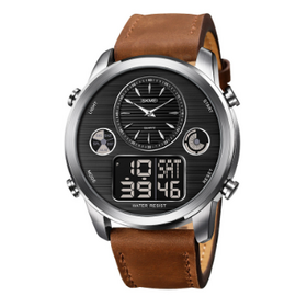 SKMEI 1653 Dark Brown PU Leather Dual Time Watch For Men - Silver & Dark Brown