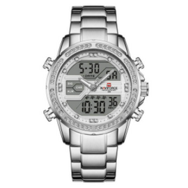 NAVIFORCE NF9190 Silver Stainless Steel Dual Time Watch For Men - White & Silver