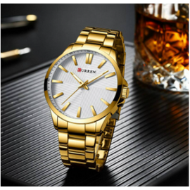 CURREN 8322 Golden Stainless Steel Analog Watch For Men - White & Golden
