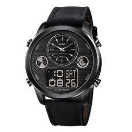 SKMEI 1653 Black PU Leather Dual Time Watch For Men - Black