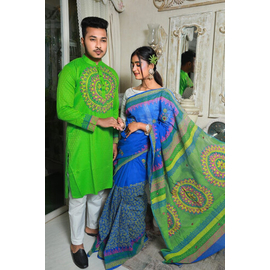 Couple set Saree & Panjabi- Green & Blue