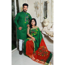 Couple set Saree & Panjabi- Green & Red
