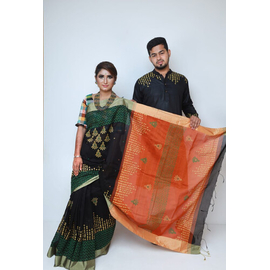 Couple set Saree & Panjabi- Black & Orange
