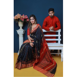 Couple set Saree & Panjabi- Black & Red