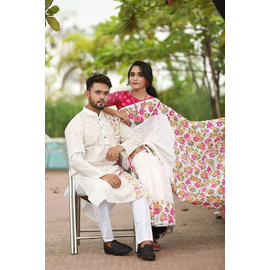 Couple set Saree & Panjabi- White & Pink
