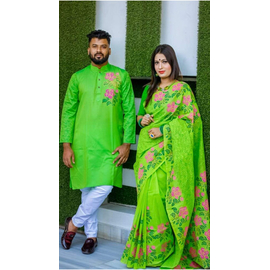 Couple set Saree & Panjabi- Parrot Green
