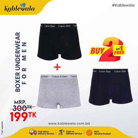 CK Premium Cotton Boxer Underwear For Man Buy 2 Get 1 (Black+Ash=Blue), Size: M