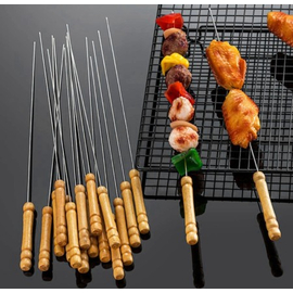 12Pcs Stainless Steel Barbecue Stick With Wooden Handle