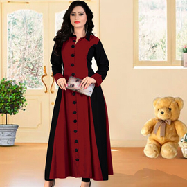 Women High Quality Dubai Kurti China Linen Fabric (Maroon & Black), Size: 40