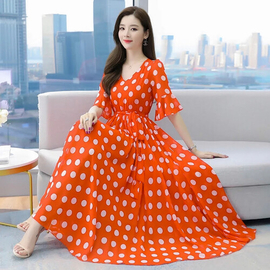 Summer Grace Mid-Calf Long Sleeve Beach Dot Print China Fabric Dress (Orange)