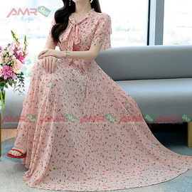 Women Short Sleeve Floral Print Long Chiffon Dresses (Peach), Size: 36