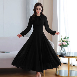 Casual Neckline With Tie Design Weightless Georgette Gown (Black), Size: 36