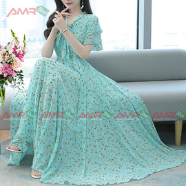 Women Short Sleeve Floral Print Long Chiffon Dresses (Sea Green), Size: 36