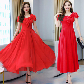 Casual Neckline With Tie Design Weightless Georgette Gown (Red), Size: 36