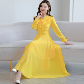 Casual Neckline With Tie Design Weightless Georgette Gown (Yellow), Size: 36