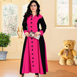 Women High Quality Dubai Kurti China Linen Fabric (Megenta & Black), Size: 36