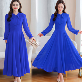 Casual Neckline With Tie Design Weightless Georgette Gown (Nevy Blue), Size: 36